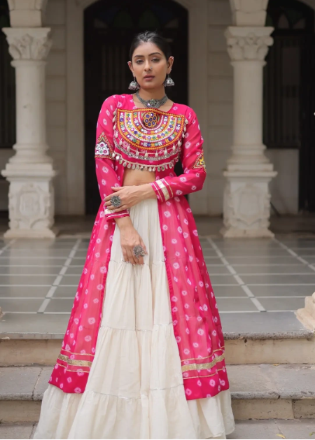 Navratri Royal  Embroidered Jacket Lehenga Set with White Flared Skirt