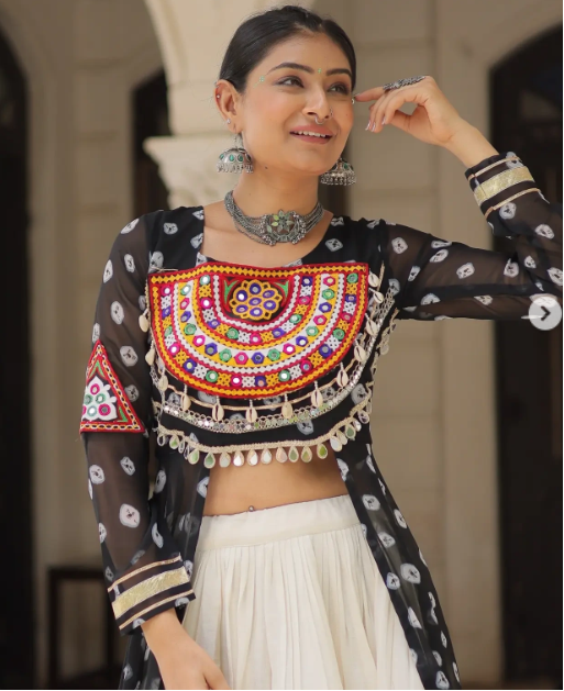 Navratri Royal  Embroidered Jacket Lehenga Set with White Flared Skirt