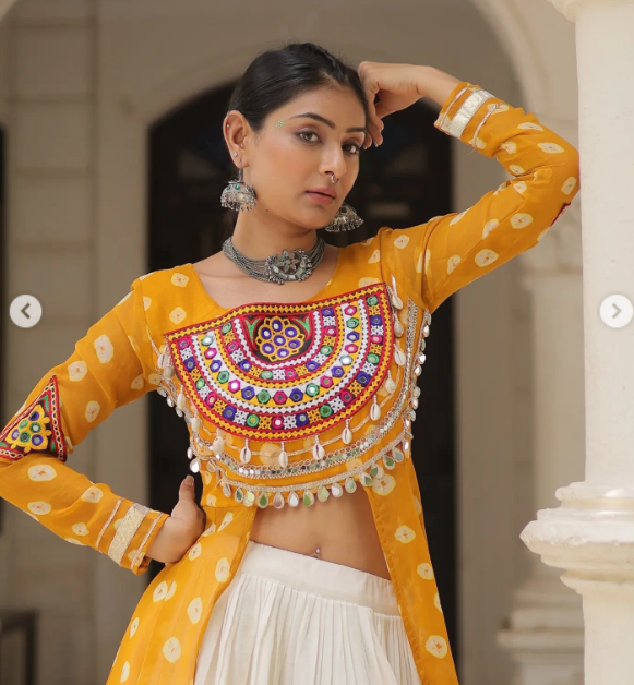 Navratri Royal  Embroidered Jacket Lehenga Set with White Flared Skirt
