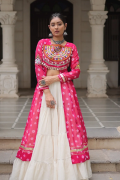 Navratri Royal  Embroidered Jacket Lehenga Set with White Flared Skirt