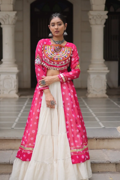 Navratri Royal  Embroidered Jacket Lehenga Set with White Flared Skirt