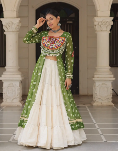 Navratri Royal  Embroidered Jacket Lehenga Set with White Flared Skirt