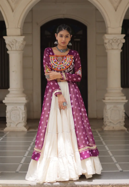 Navratri Royal  Embroidered Jacket Lehenga Set with White Flared Skirt