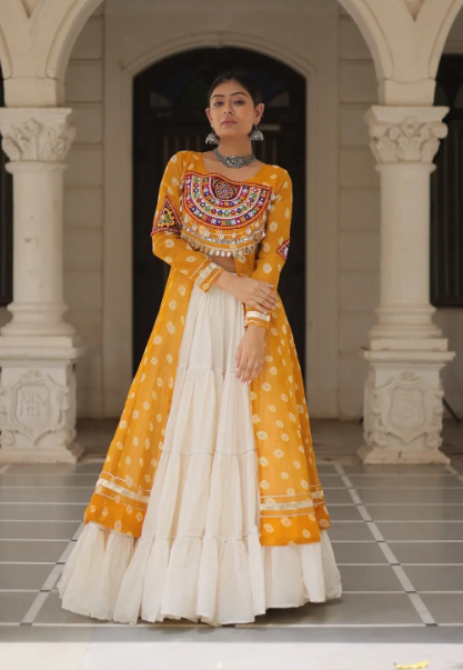 Navratri Royal  Embroidered Jacket Lehenga Set with White Flared Skirt