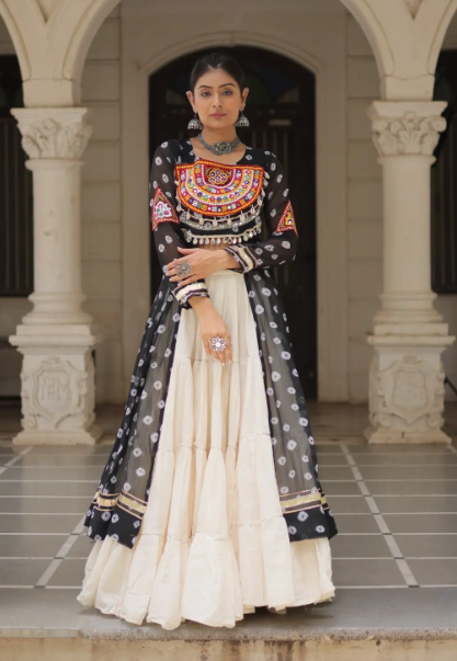 Navratri Royal  Embroidered Jacket Lehenga Set with White Flared Skirt