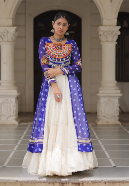 Navratri Royal  Embroidered Jacket Lehenga Set with White Flared Skirt