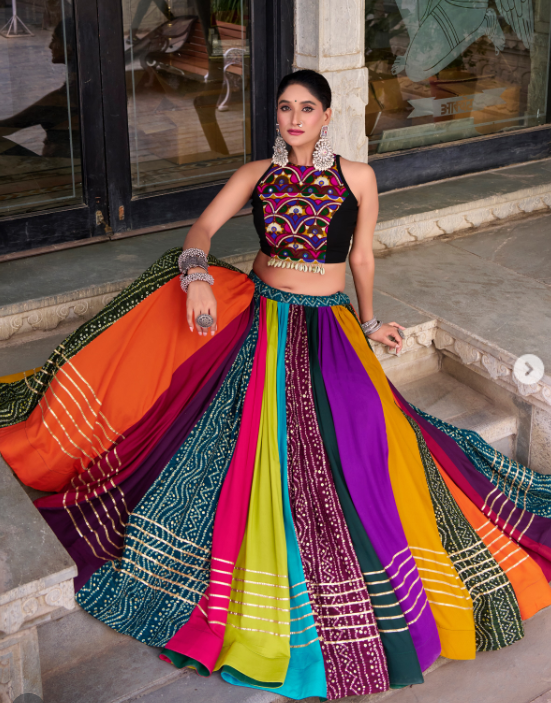 Multicolor Navratri Lehenga Set with Embroidered Halter Blouse