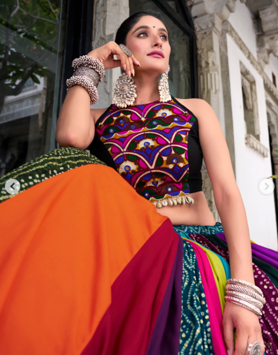 Multicolor Navratri Lehenga Set with Embroidered Halter Blouse