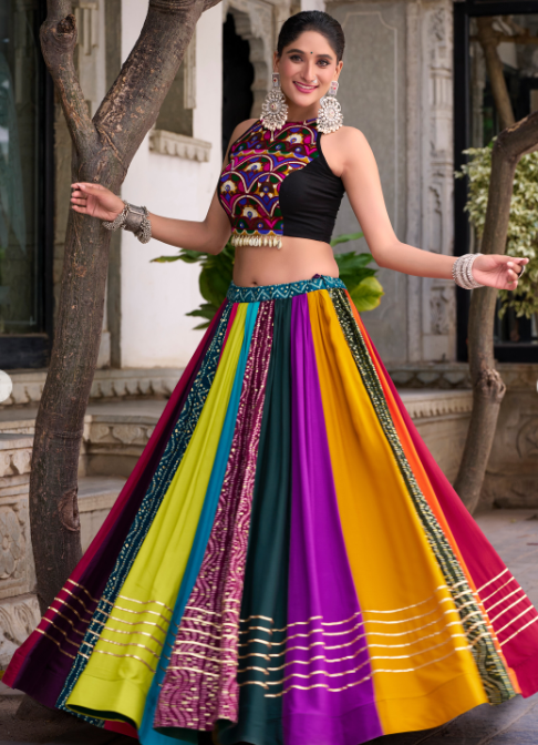 Multicolor Navratri Lehenga Set with Embroidered Halter Blouse