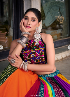 Multicolor Navratri Lehenga Set with Embroidered Halter Blouse