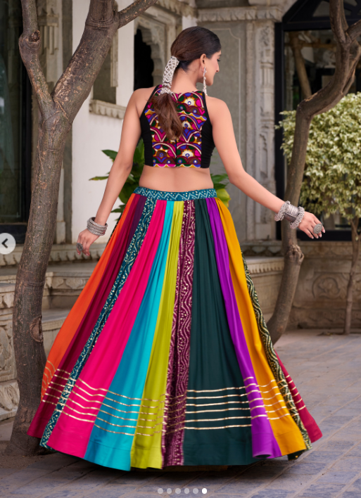 Multicolor Navratri Lehenga Set with Embroidered Halter Blouse