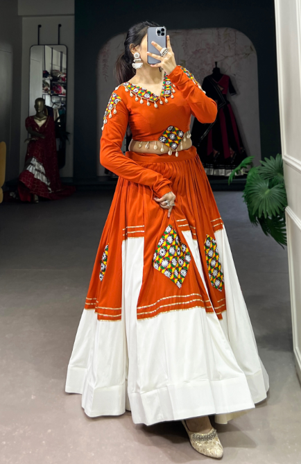 Orange & Ivory Navratri Lehenga Set with Mirror Work Blouse
