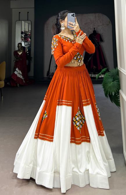 Orange & Ivory Navratri Lehenga Set with Mirror Work Blouse