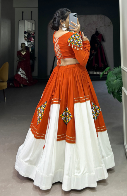 Orange & Ivory Navratri Lehenga Set with Mirror Work Blouse