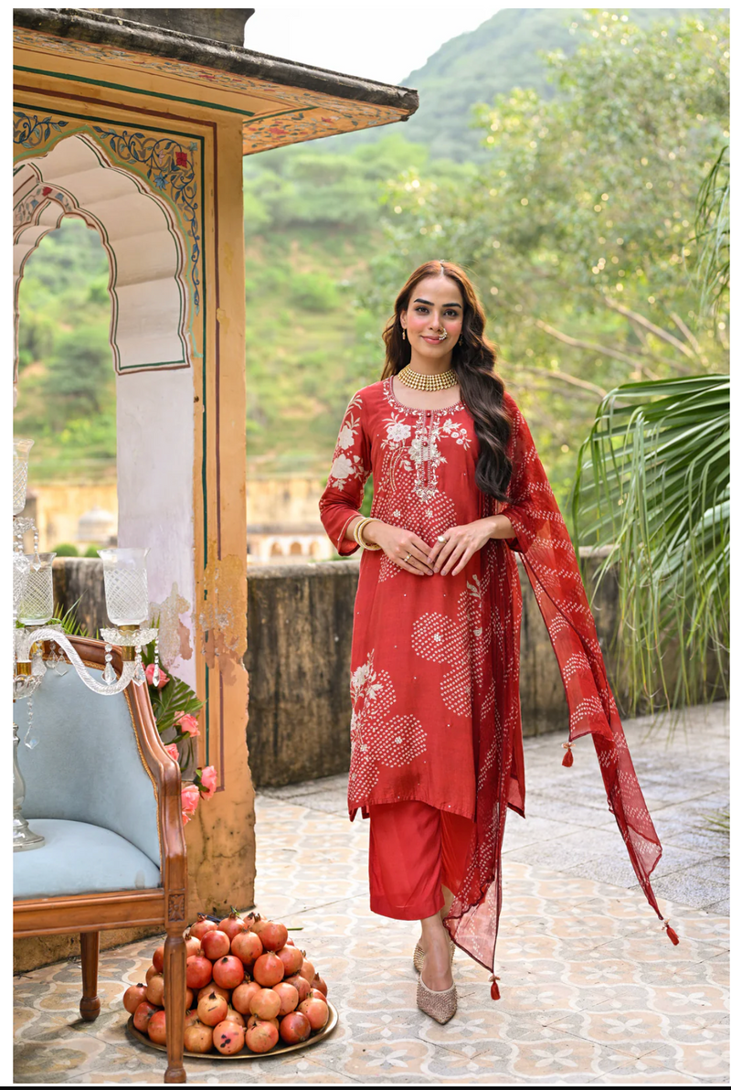 Bandhani Muslin Suit in Red with Gota Patti