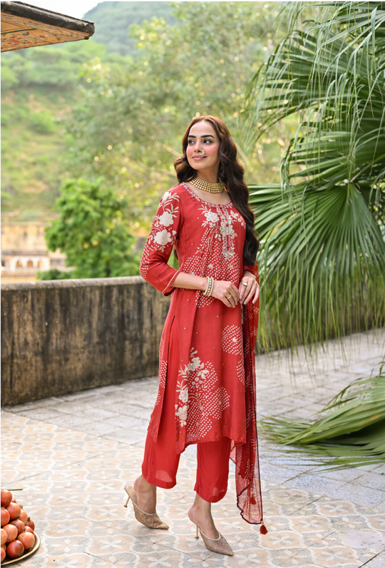 Bandhani Muslin Suit in Red with Gota Patti