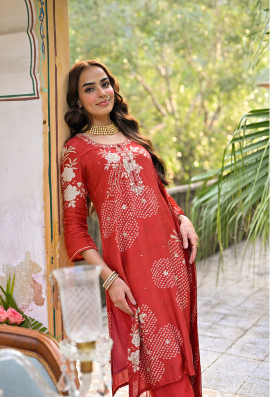 Bandhani Muslin Suit in Red with Gota Patti