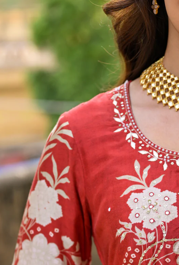 Bandhani Muslin Suit in Red with Gota Patti