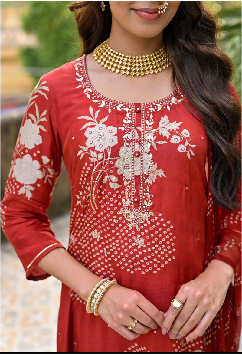 Bandhani Muslin Suit in Red with Gota Patti