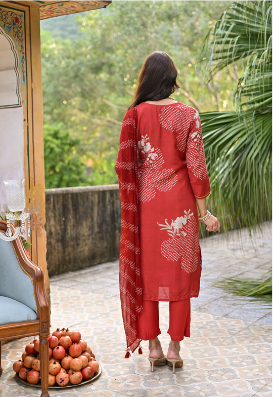 Bandhani Muslin Suit in Red with Gota Patti