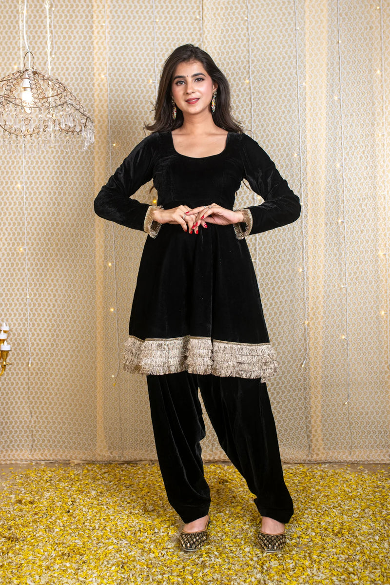 Velvet Black Short Anarkali Suit Set