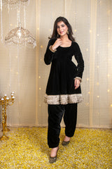 Velvet Black Short Anarkali Suit Set