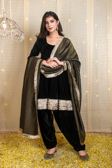 Velvet Black Short Anarkali Suit Set