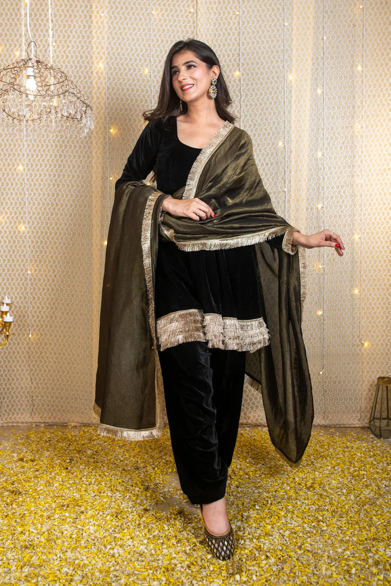Velvet Black Short Anarkali Suit Set