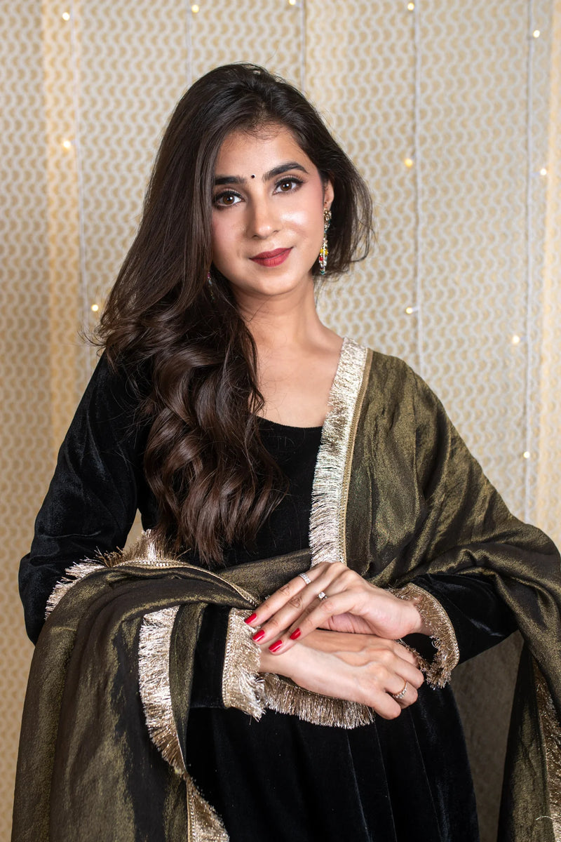 Velvet Black Short Anarkali Suit Set