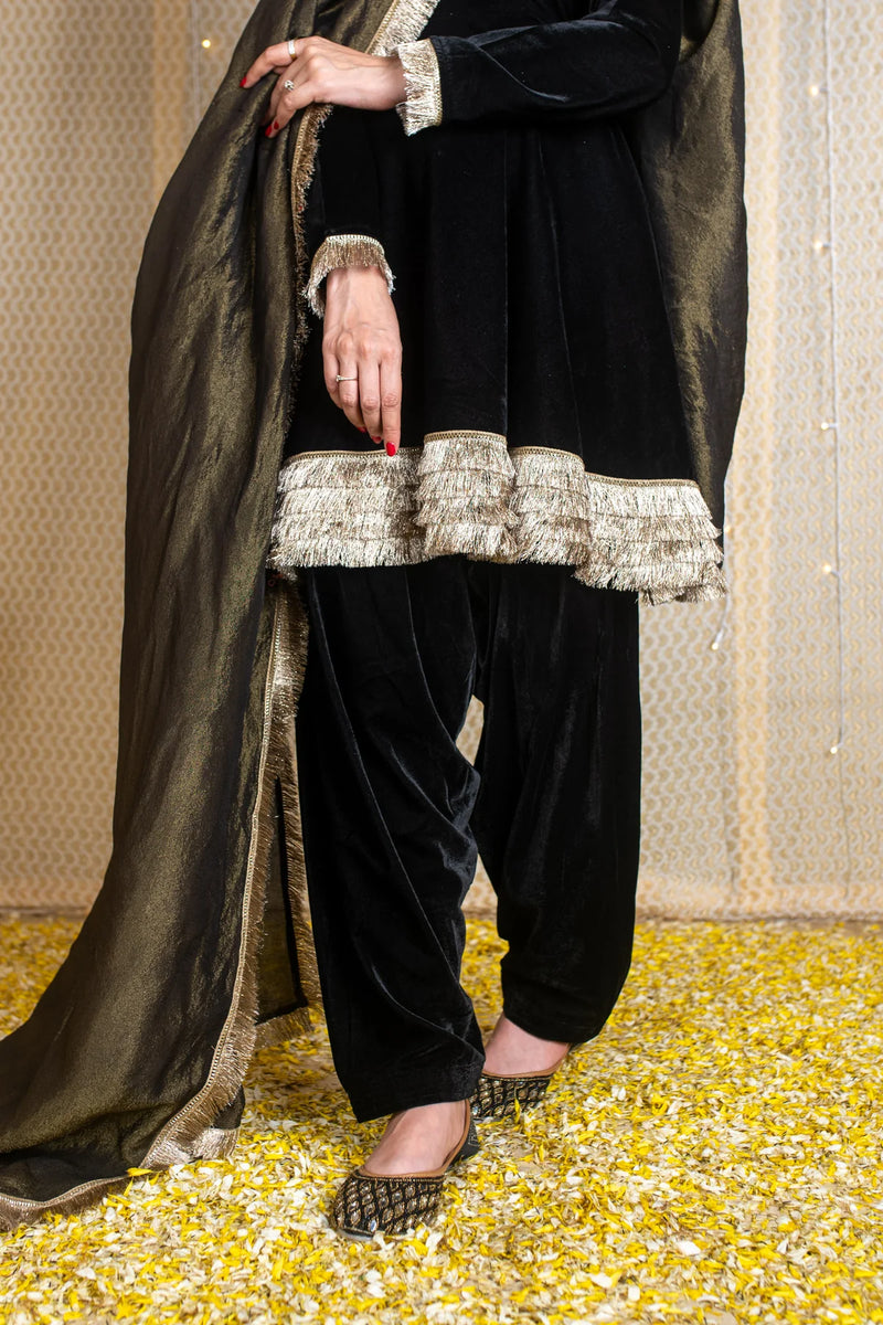 Velvet Black Short Anarkali Suit Set