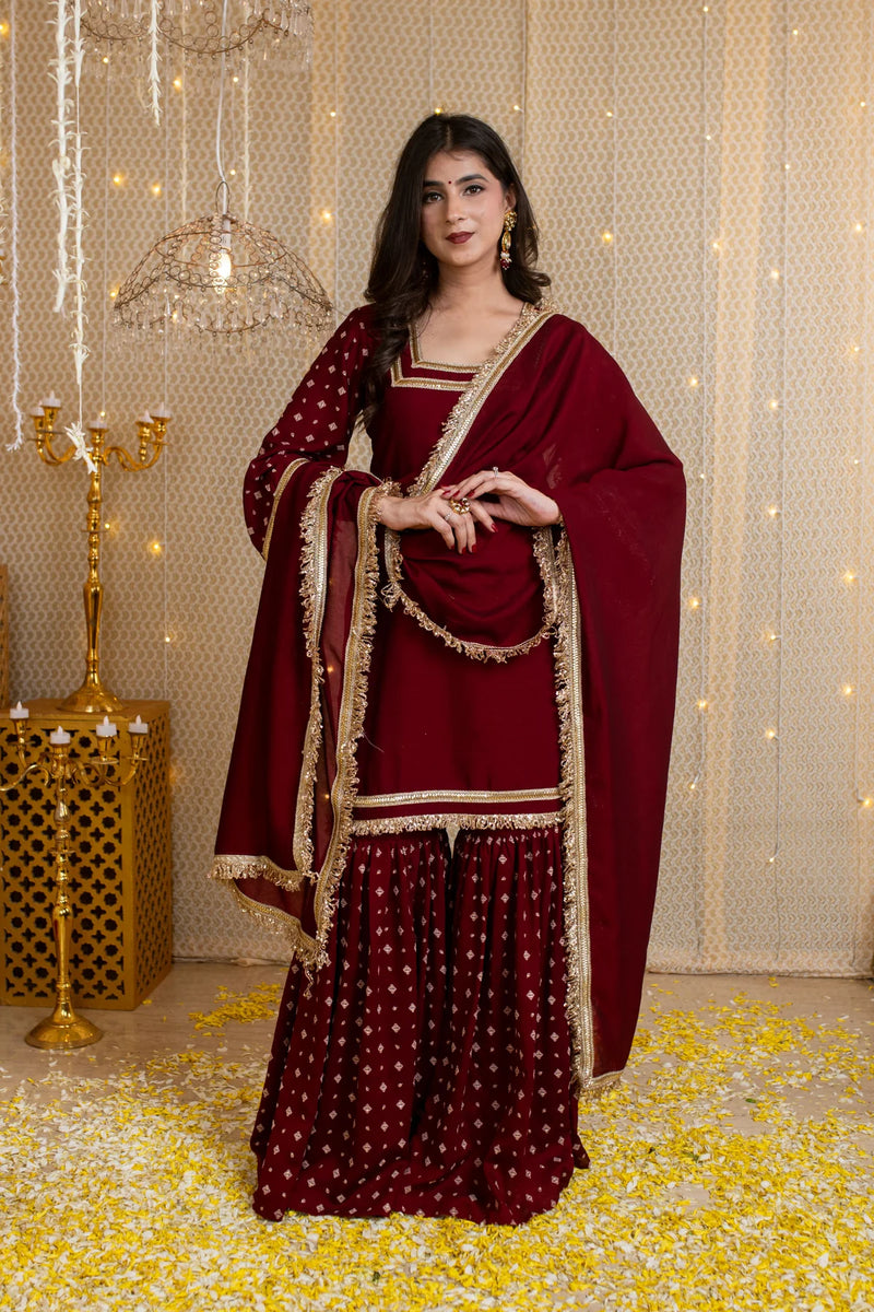 Vichrta Silk Maroon Kurta Sharara Set