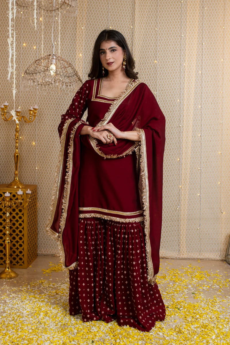 Vichrta Silk Maroon Kurta Sharara Set