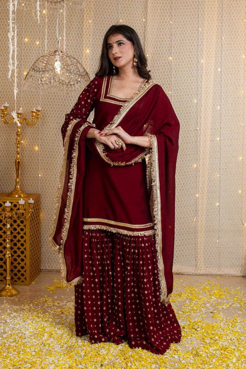 Vichrta Silk Maroon Kurta Sharara Set