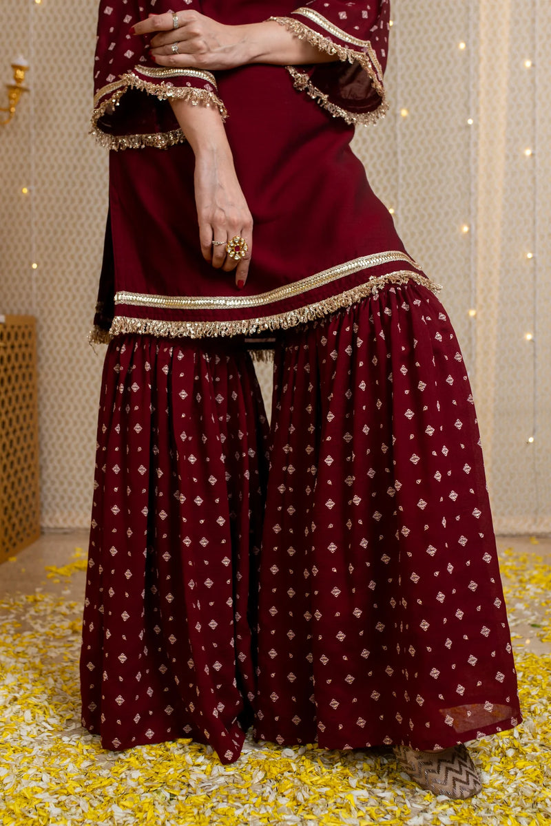 Vichrta Silk Maroon Kurta Sharara Set