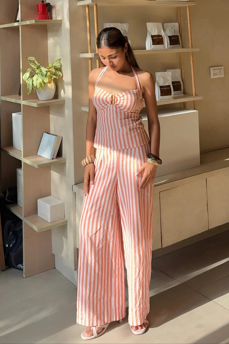 Coral Stripe Linen Co-Ord Set
