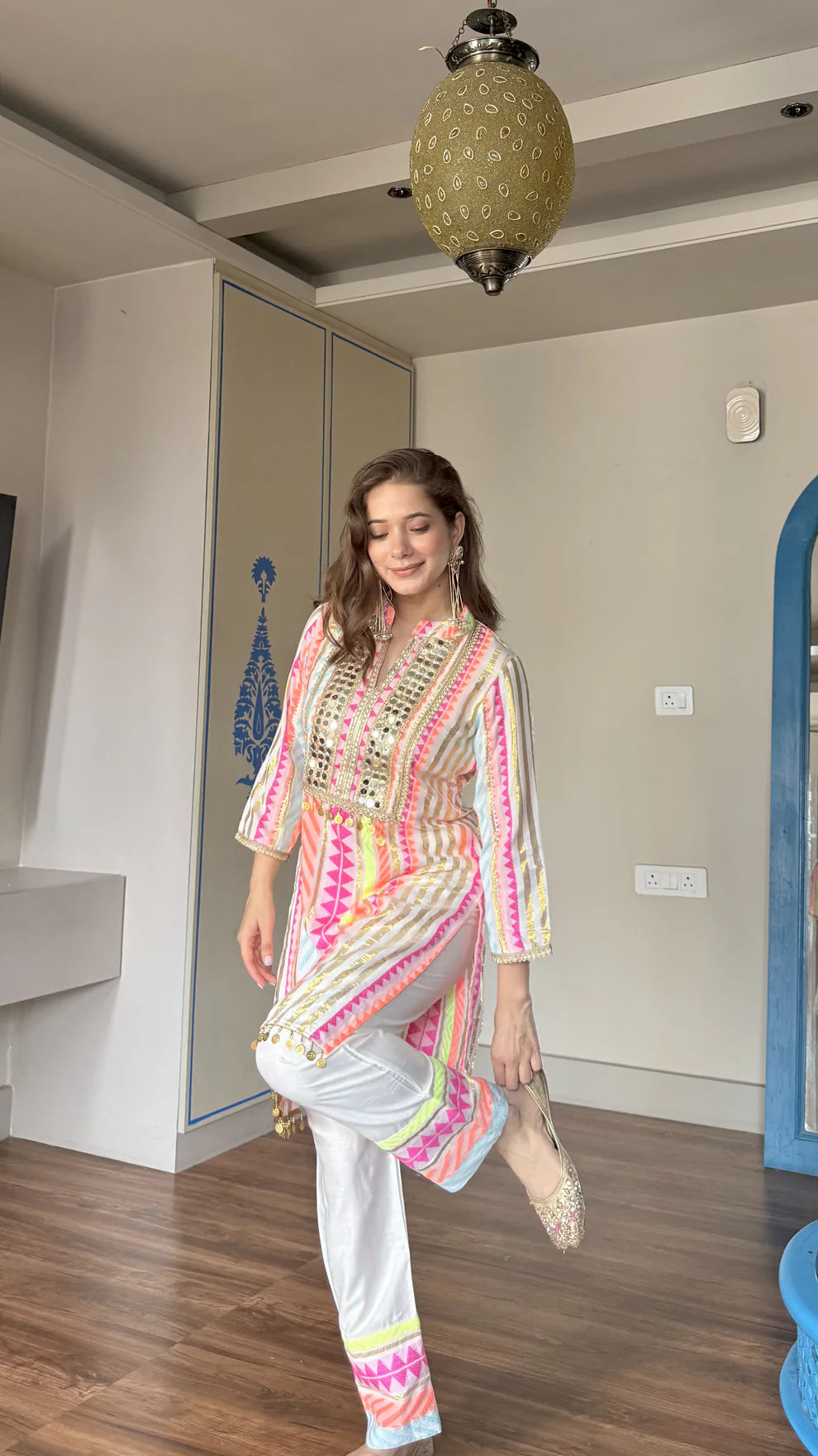 Pastel Stripe Mirror Work Kurta Set