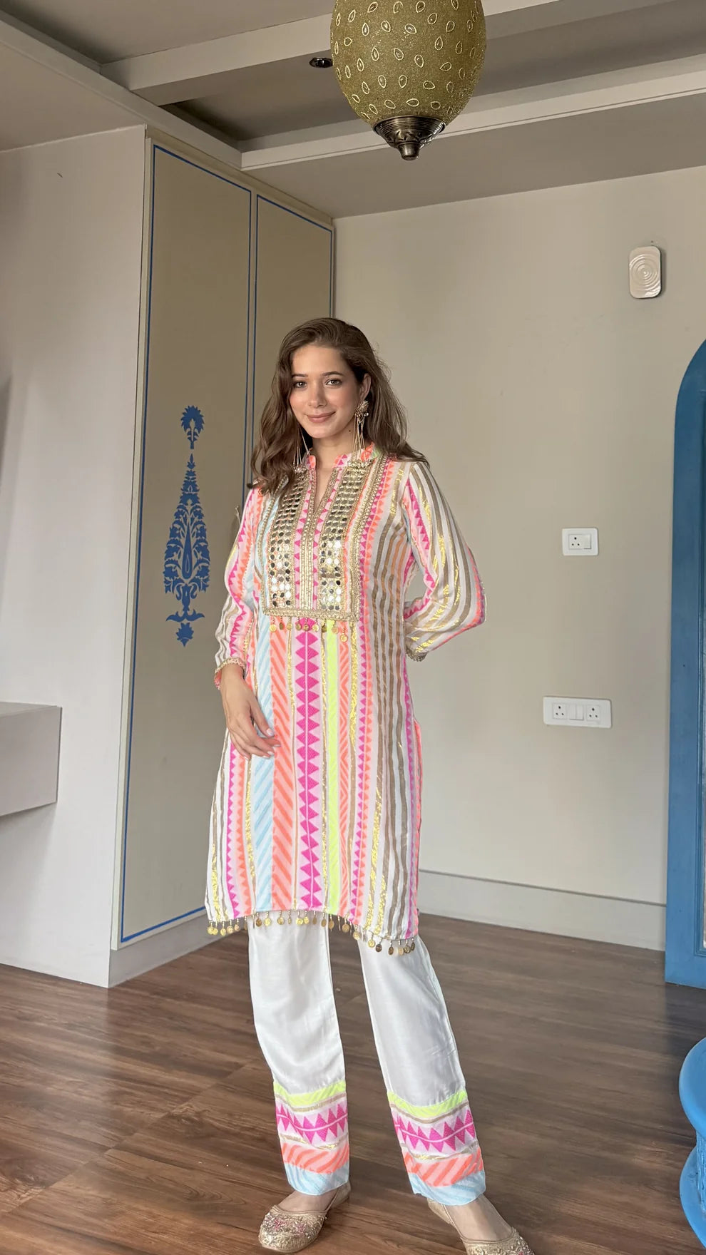 Pastel Stripe Mirror Work Kurta Set