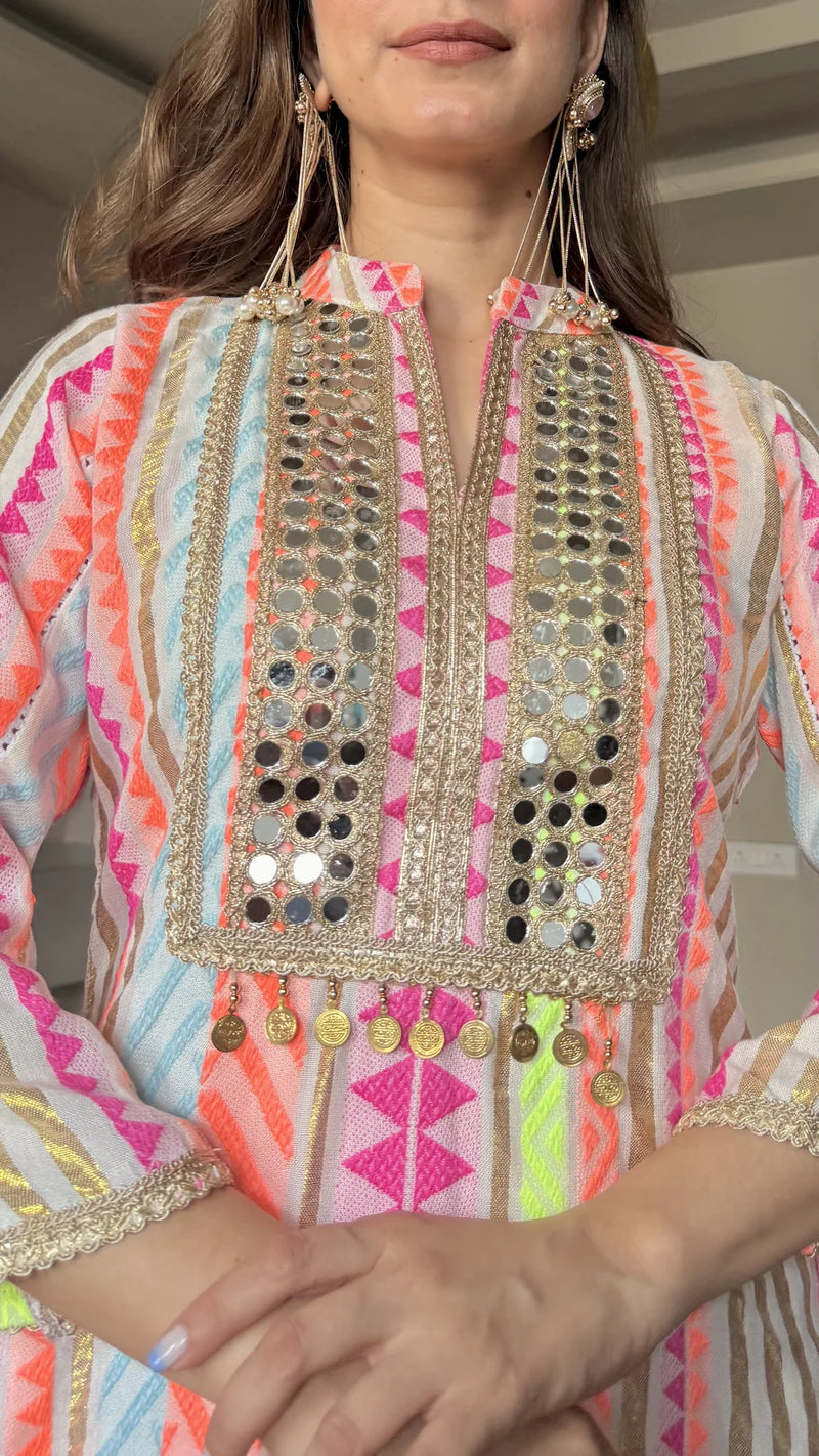 Pastel Stripe Mirror Work Kurta Set