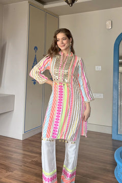 Pastel Stripe Mirror Work Kurta Set