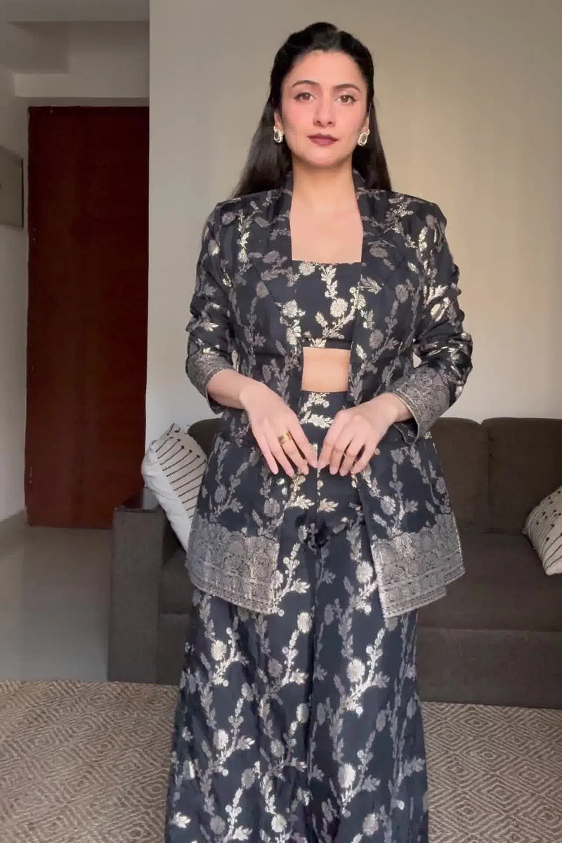 Silk Brocade Black Embroidered Co-Ord Set