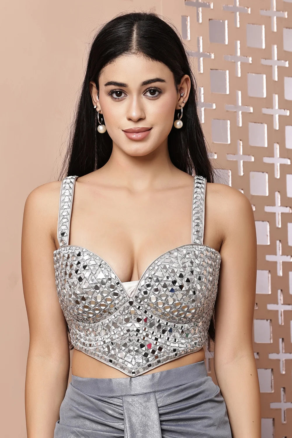 Luxury Designer Silver Mirror Work Corset Blouse