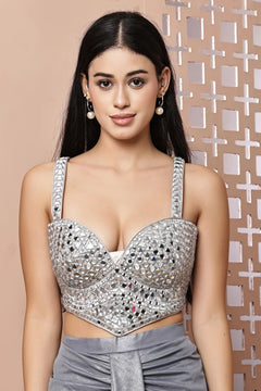 Luxury Designer Silver Mirror Work Corset Blouse