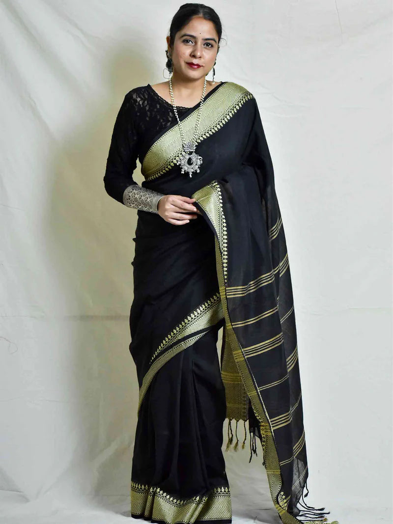 Siyaahi Cotton Saree With Woven Border
