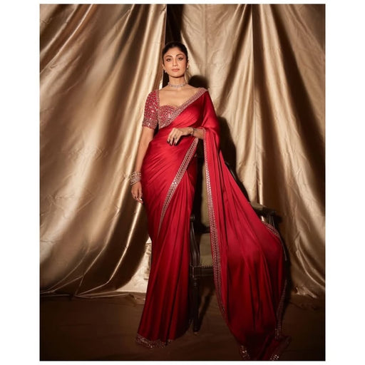 Red French Crepe Silk Mirror Luxe Saree with blouse