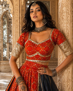 Red & Black Royal Navratri Lehenga Set with Bandhej Print Dupatta