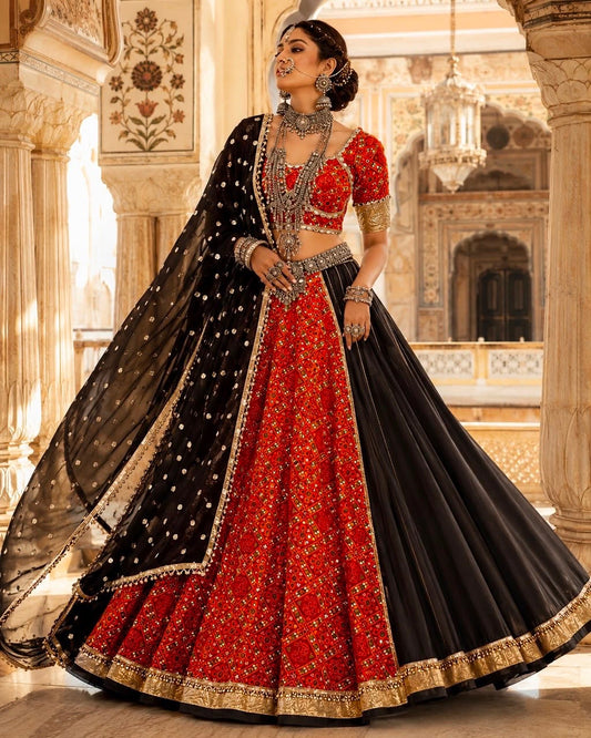 Red & Black Royal Navratri Lehenga Set with Bandhej Print Dupatta