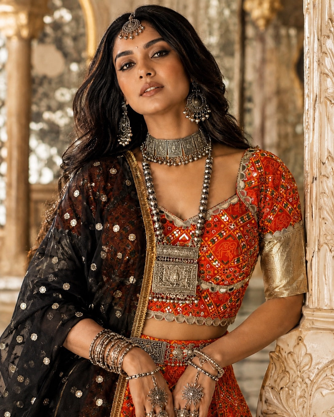 Red & Black Royal Navratri Lehenga Set with Bandhej Print Dupatta