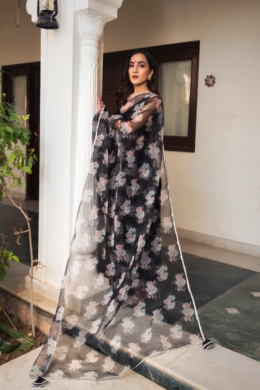 Snowdrop Black Printed Organza Saree