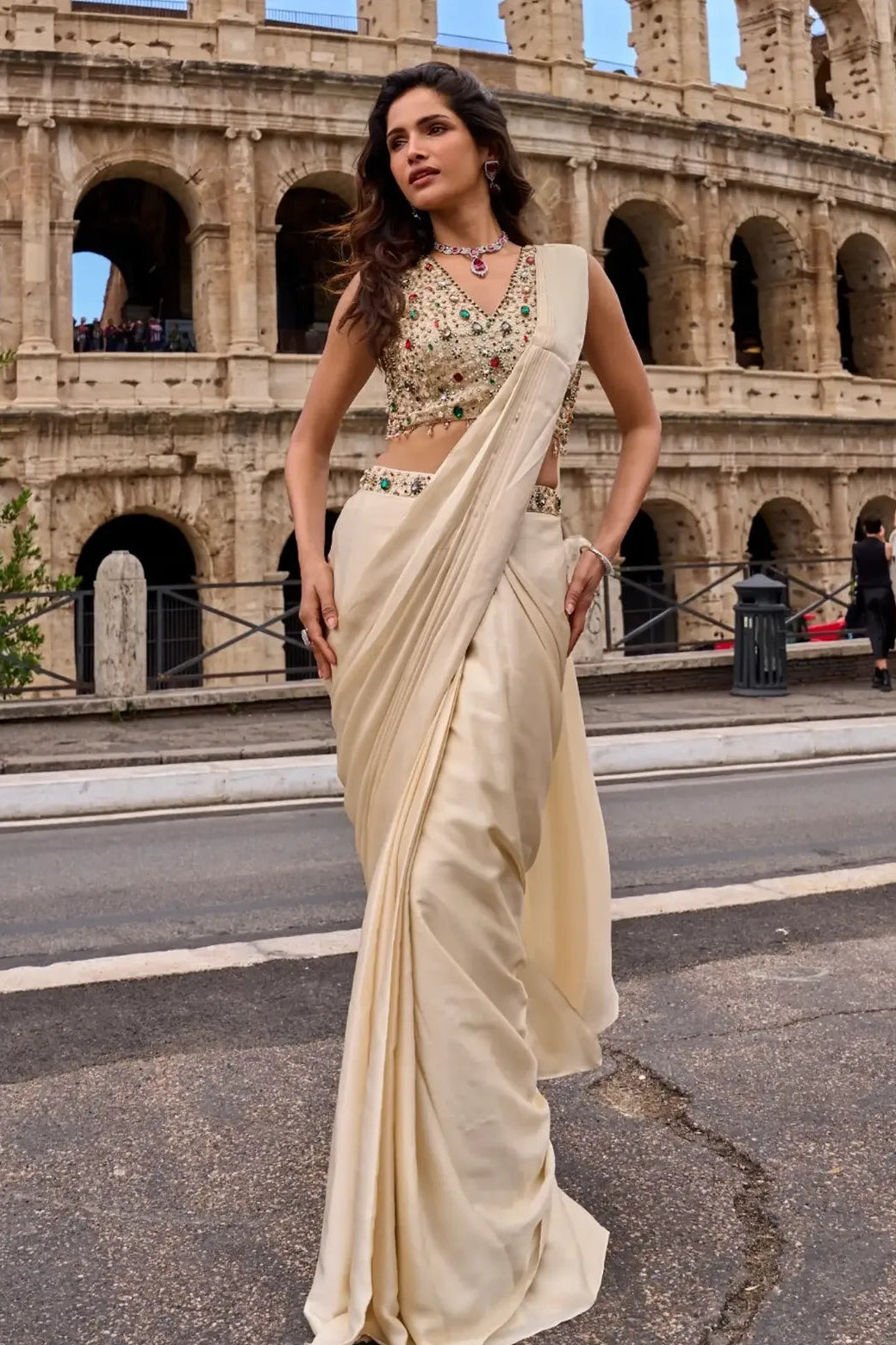 Kashvi Pearl Embellished Pre-Draped Saree Set