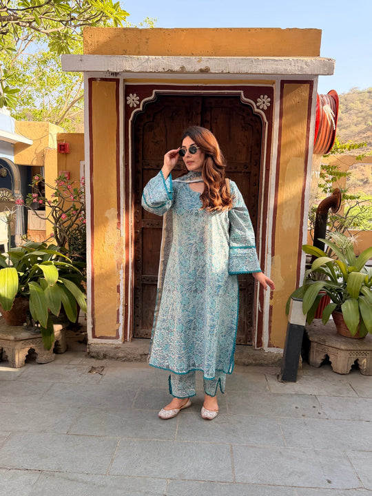 Meher Neel Handblock Floral Suit Set